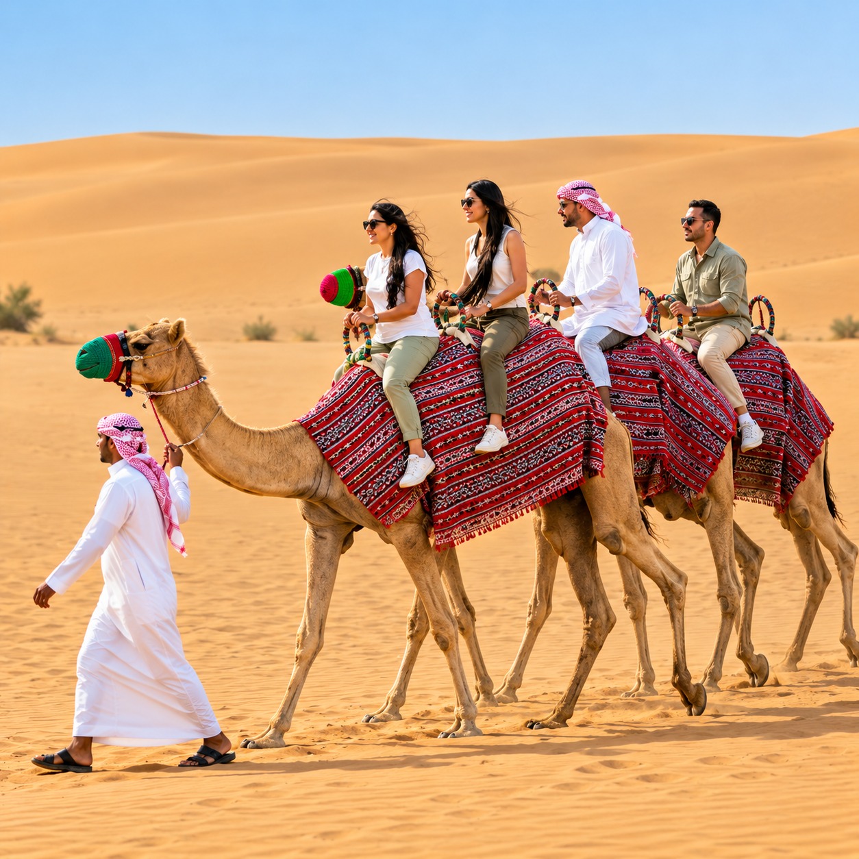 Sunset camel ride Dubai with red dunes
