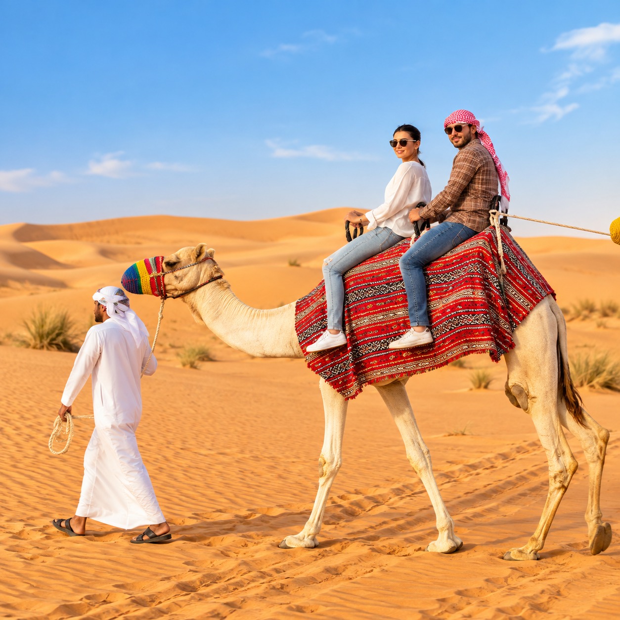 Couple camel ride Dubai desert